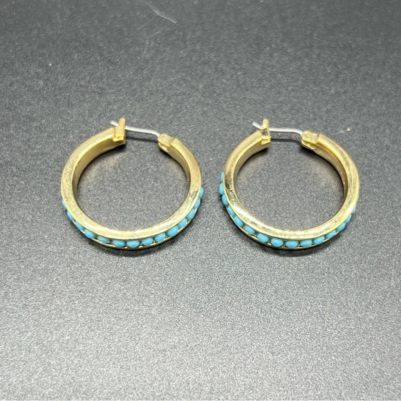 Carolee Gold-Tone Turquoise Seed Bead Hoop Earrings 1” NEW